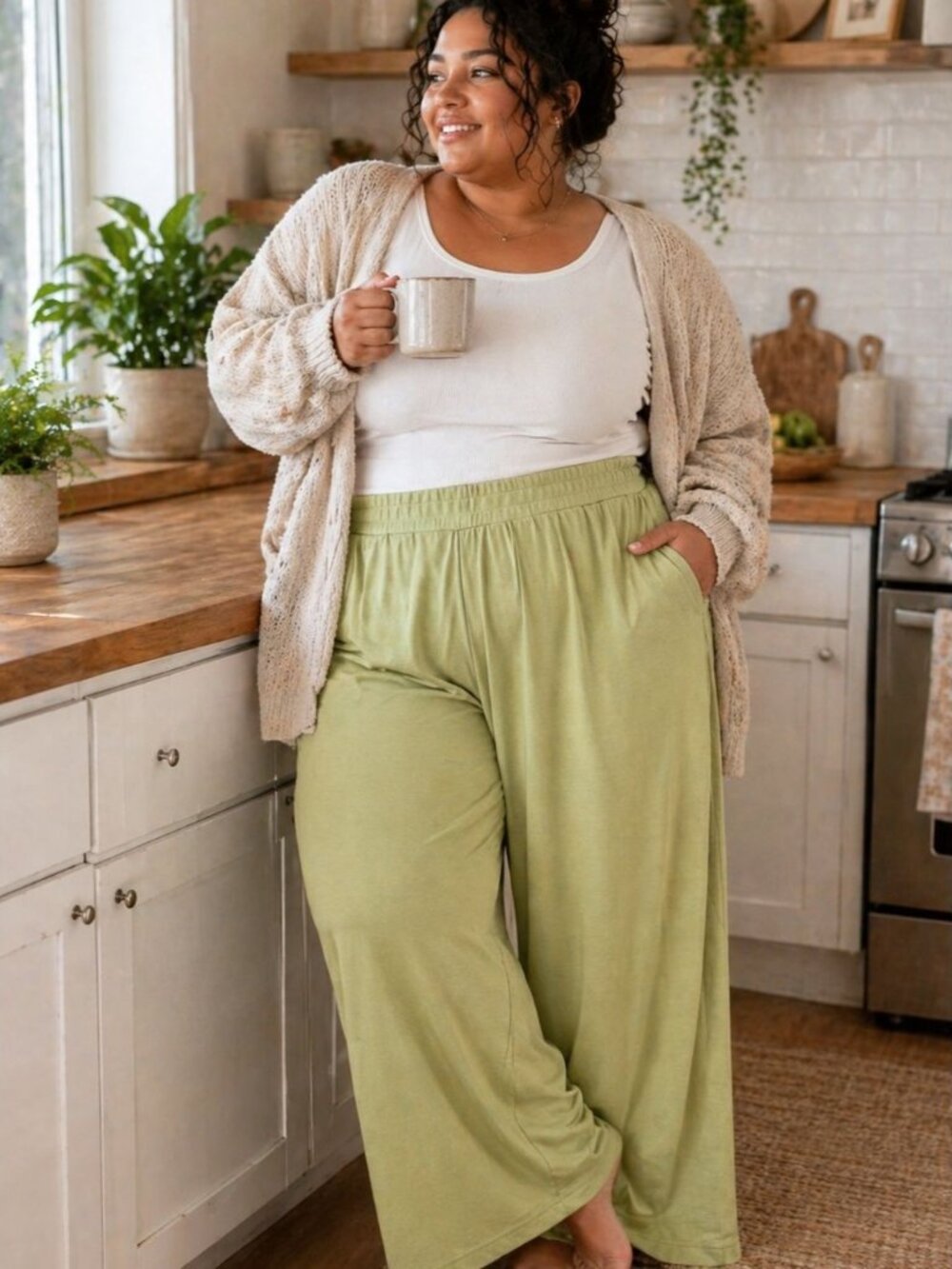 Esqualo Wide Leg Modal Blend Pants Green 2XL  Minimalist Casual Lounge Chic